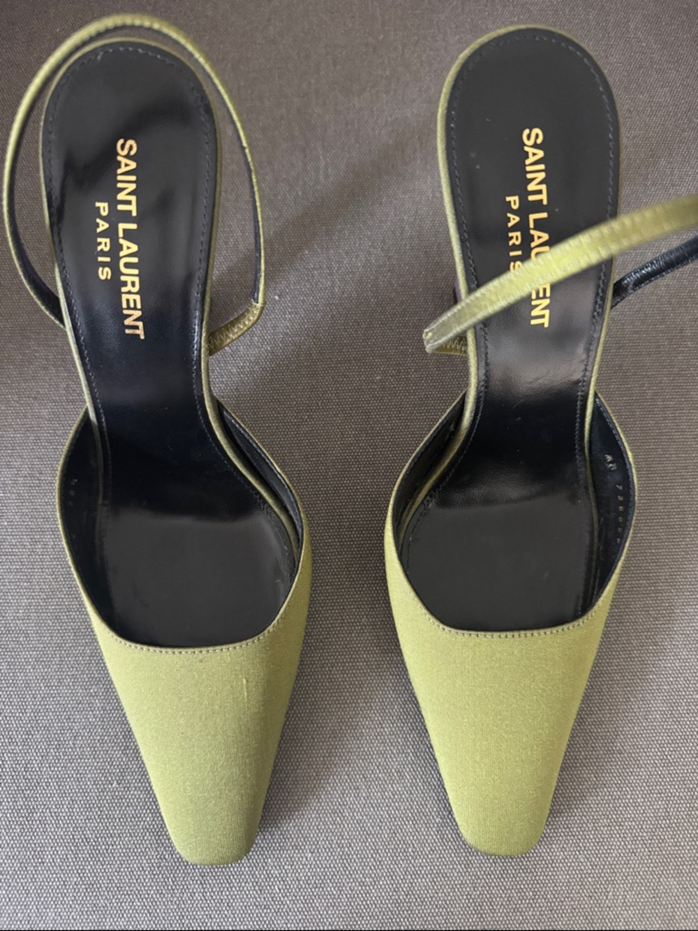 Saint Laurent Chartreuse Green Pointed Slingback Heels with Lilac Block Heels - Picture 9 of 9